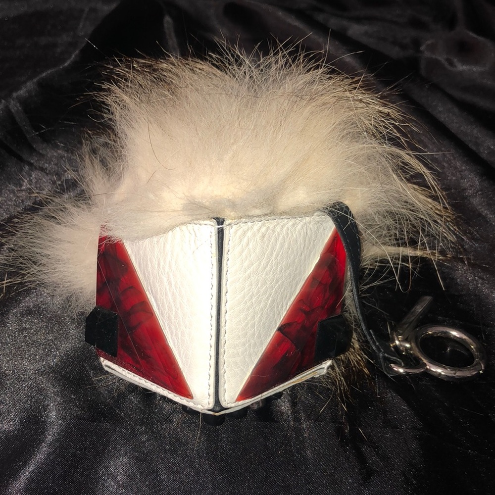 Fendi White Red Bag Bug Charm Fur monster eye key